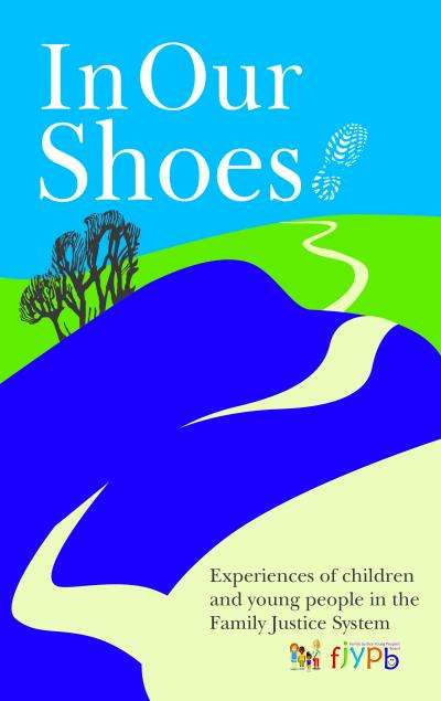 Cover of FJYPB book 'In our shoes' - shows a path along hills with trees on top. 