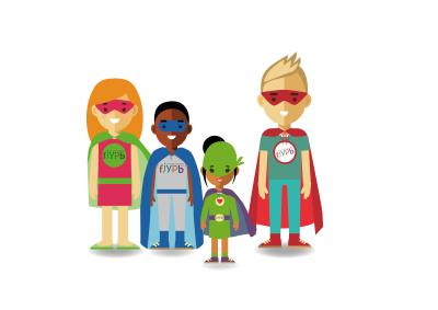 A cartoon of four young people dressed as FJYPB superheroes